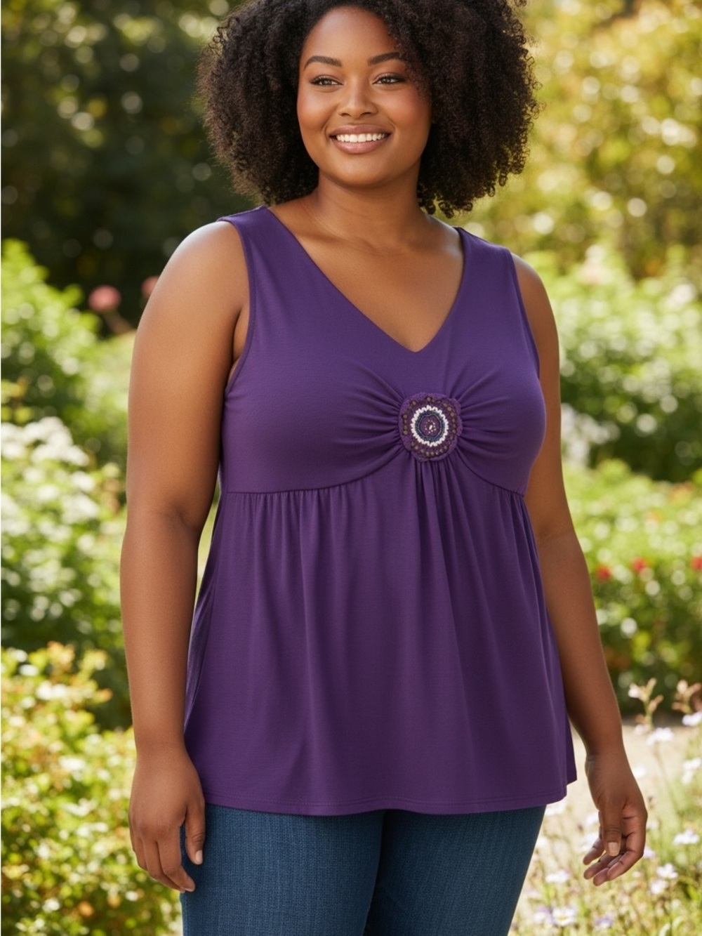 Y2K Purple V-Neck Sleeveless Womenâs Top with Center Medallion